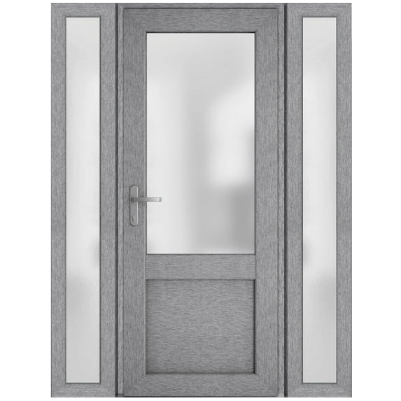 Front Exterior Prehung Metal-Plastic Door Frosted Glass / Manux 8422 Grey Ash / 2 Side Windows / Office Commercial and Residential Doors Entrance Patio Garage 60" x 80" Right-hand Inswing