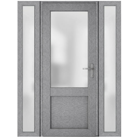 Front Exterior Prehung Metal-Plastic Door Frosted Glass / Manux 8422 Grey Ash / 2 Side Windows / Office Commercial and Residential Doors Entrance Patio Garage 64" x 80" Left-hand Inswing