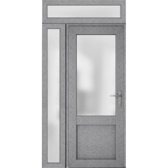 Front Exterior Prehung Metal-Plastic Door Frosted Glass / Manux 8422 Grey Ash / Side and Top Window / Office Commercial and Residential Doors Entrance Patio Garage 52" x 96" Left-hand Inswing