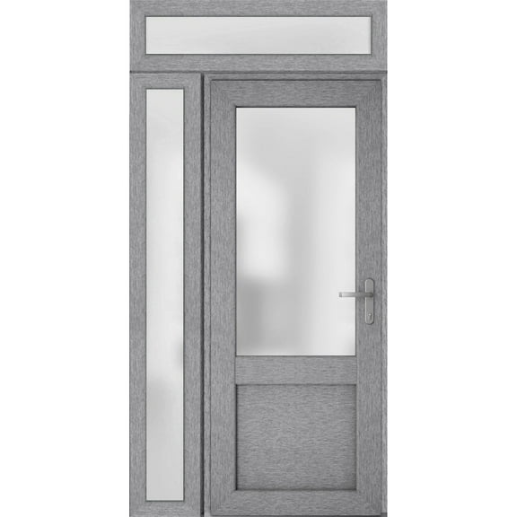 Front Exterior Prehung Metal-Plastic Door Frosted Glass / Manux 8422 Grey Ash / Side and Top Window / Office Commercial and Residential Doors Entrance Patio Garage 52" x 96" Left-hand Inswing