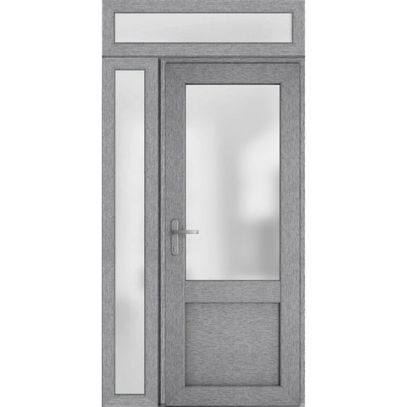 Front Exterior Prehung Metal-Plastic Door Frosted Glass / Manux 8422 Grey Ash / Side and Top Window / Office Commercial and Residential Doors Entrance Patio Garage 50" x 96" Right-hand Inswing