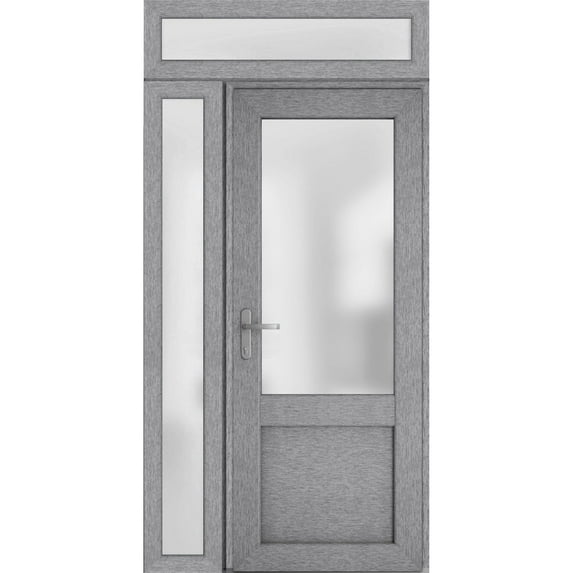 Front Exterior Prehung Metal-Plastic Door Frosted Glass / Manux 8422 Grey Ash / Side and Top Window / Office Commercial and Residential Doors Entrance Patio Garage 52" x 94" Right-hand Inswing