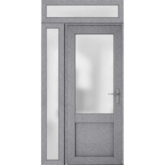 Front Exterior Prehung Metal-Plastic Door Frosted Glass / Manux 8422 Grey Ash / Side and Top Window / Office Commercial and Residential Doors Entrance Patio Garage 48" x 96" Left-hand Inswing