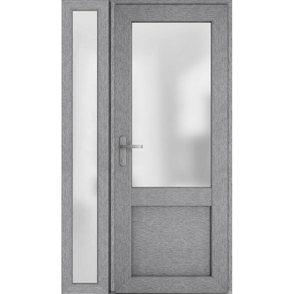 Front Exterior Prehung Metal-Plastic Door Frosted Glass / Manux 8422 Grey Ash / Side Window / Office Commercial and Residential Doors Entrance Patio Garage 50" x 80" Right-hand Inswing