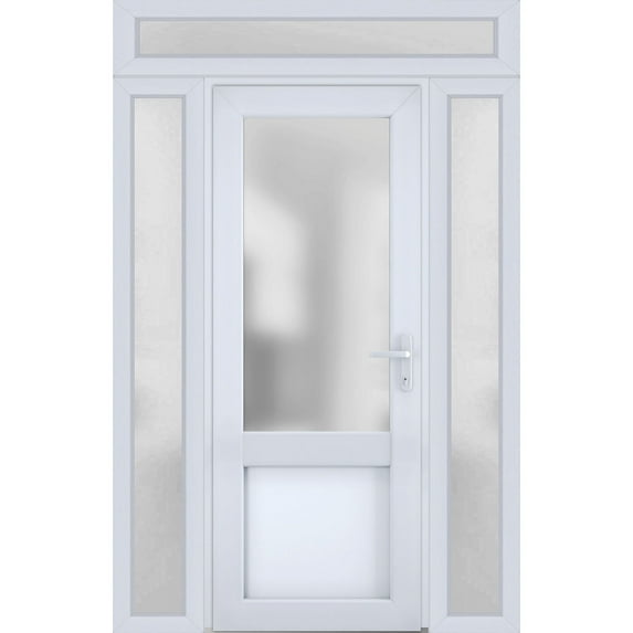 Front Exterior Prehung Metal-Plastic Door Frosted Glass / Manux 8422 White Silk / 2 Side and Top Window / Office Commercial and Residential Doors Entrance Patio Garage 64" x 96" Left-hand Inswing