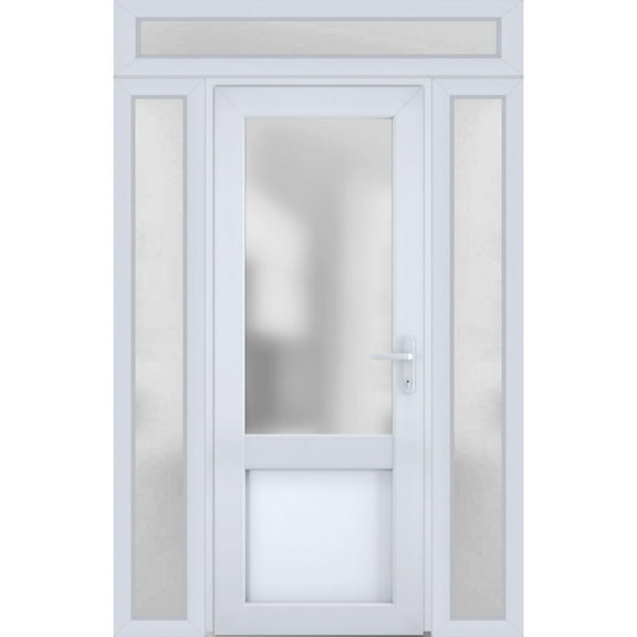 Front Exterior Prehung Metal-Plastic Door Frosted Glass / Manux 8422 White Silk / 2 Side and Top Window / Office Commercial and Residential Doors Entrance Patio Garage 68" x 96" Left-hand Inswing