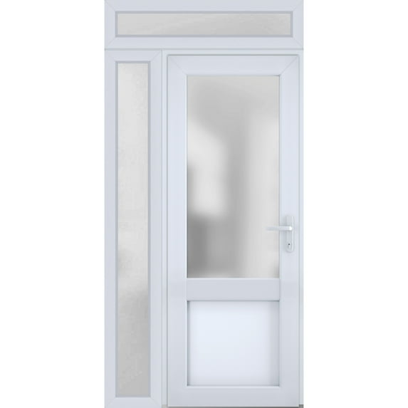 Front Exterior Prehung Metal-Plastic Door Frosted Glass / Manux 8422 White Silk / Side and Top Window / Office Commercial and Residential Doors Entrance Patio Garage 50" x 94" Left-hand Inswing
