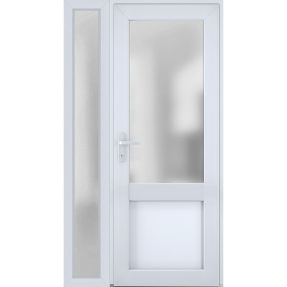 Front Exterior Prehung Metal-Plastic Door Frosted Glass / Manux 8422 White Silk / Side Window / Office Commercial and Residential Doors Entrance Patio Garage 50" x 80" Right-hand Inswing