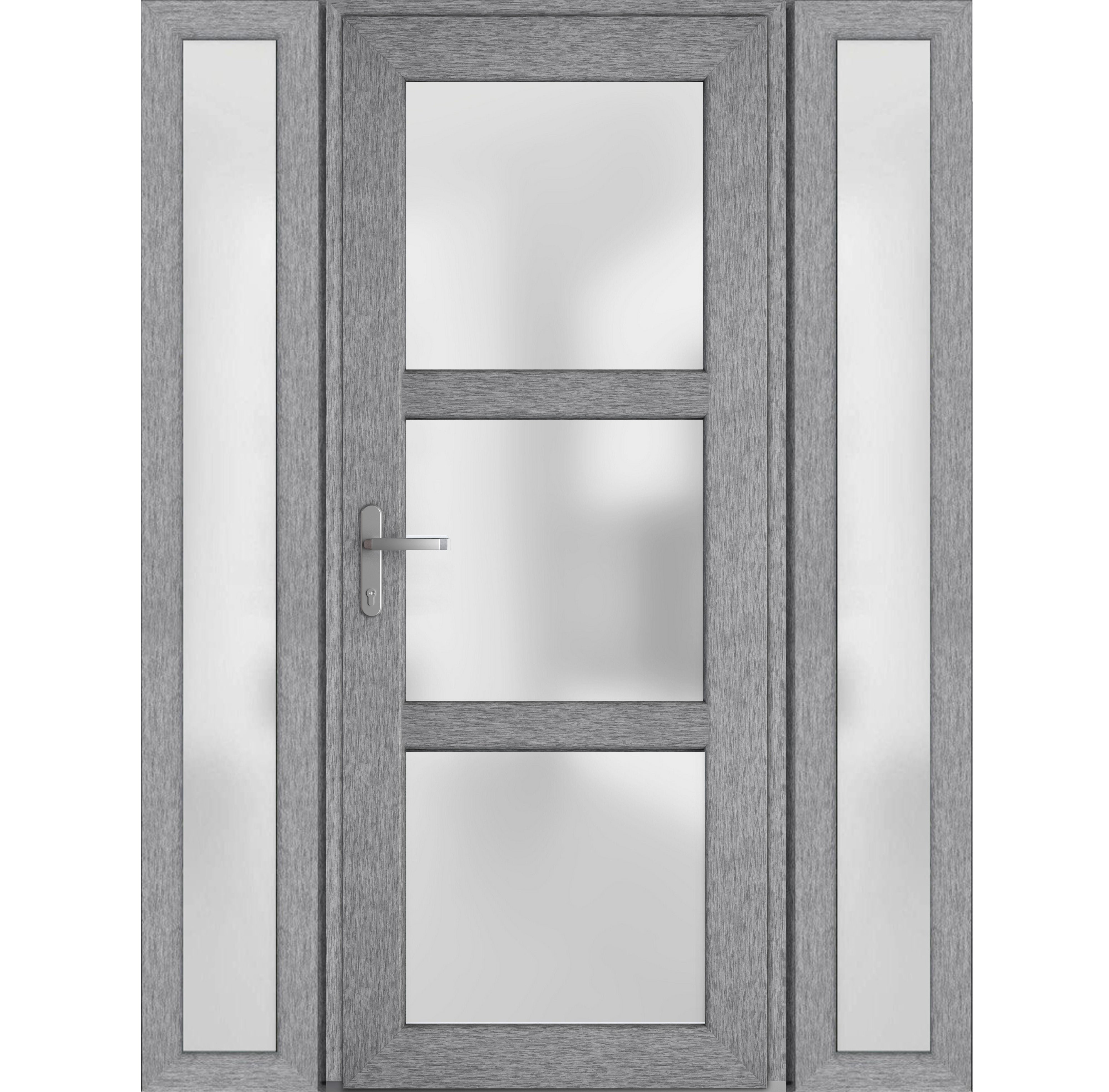 Front Exterior Prehung Metal-Plastic Door Frosted Glass / Manux 8552 Grey Ash / 2 Side Windows / Office Commercial and Residential Doors Entrance Patio Garage 64" x 80" Right-hand Inswing