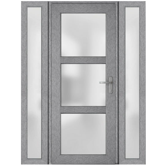 Front Exterior Prehung Metal-Plastic Door Frosted Glass / Manux 8552 Grey Ash / 2 Side Windows / Office Commercial and Residential Doors Entrance Patio Garage 64" x 80" Left-hand Inswing