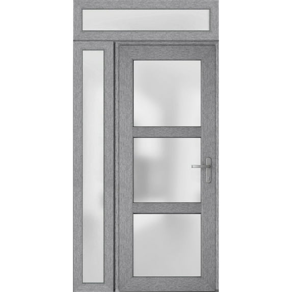 Front Exterior Prehung Metal-Plastic Door Frosted Glass / Manux 8552 Grey Ash / Side and Top Window / Office Commercial and Residential Doors Entrance Patio Garage 52" x 96" Left-hand Inswing