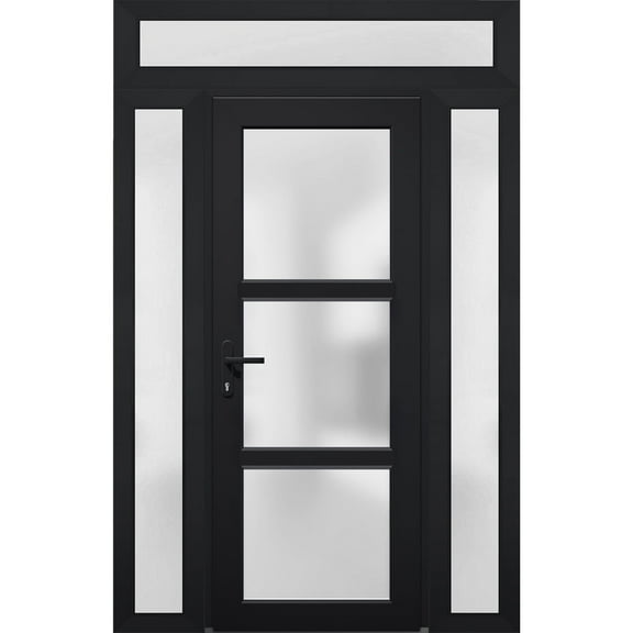 Front Exterior Prehung Metal-Plastic Door Frosted Glass / Manux 8552 Matte Black / 2 Side and Top Window / Office Commercial and Residential Doors Entrance Patio Garage 60" x 96" Right-hand Inswing
