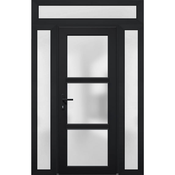 Front Exterior Prehung Metal-Plastic Door Frosted Glass / Manux 8552 Matte Black / 2 Side and Top Window / Office Commercial and Residential Doors Entrance Patio Garage 64" x 96" Right-hand Inswing
