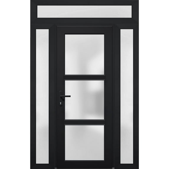 Front Exterior Prehung Metal-Plastic Door Frosted Glass / Manux 8552 Matte Black / 2 Side and Top Window / Office Commercial and Residential Doors Entrance Patio Garage 68" x 96" Right-hand Inswing