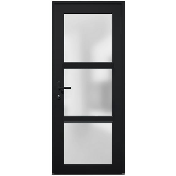Front Exterior Prehung Metal-Plastic Door Frosted Glass / Manux 8552 Matte Black / Office Commercial and Residential Doors Entrance Patio Garage 36" x 80" Right-hand Inswing