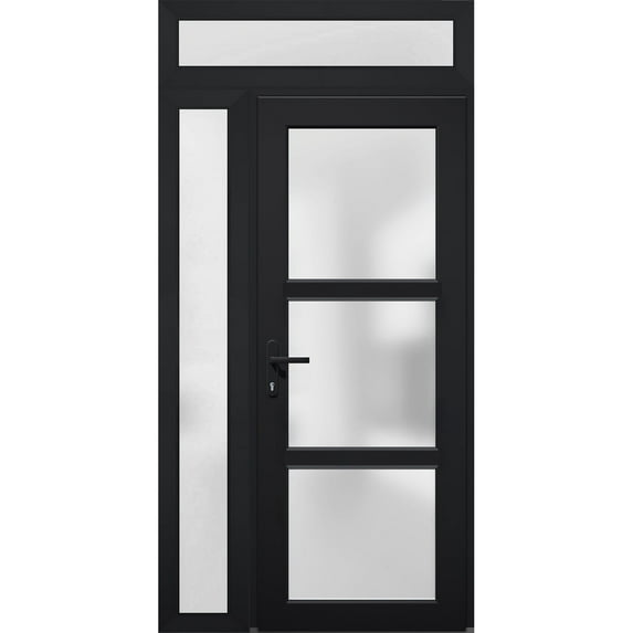 Front Exterior Prehung Metal-Plastic Door Frosted Glass / Manux 8552 Matte Black / Side and Top Window / Office Commercial and Residential Doors Entrance Patio Garage 52" x 94" Right-hand Inswing