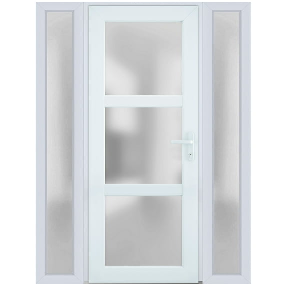 Front Exterior Prehung Metal-Plastic Door Frosted Glass / Manux 8552 White Silk / 2 Side Windows / Office Commercial and Residential Doors Entrance Patio Garage 60" x 80" Left-hand Inswing