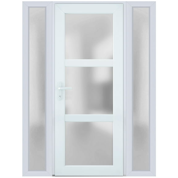 Front Exterior Prehung Metal-Plastic Door Frosted Glass / Manux 8552 White Silk / 2 Side Windows / Office Commercial and Residential Doors Entrance Patio Garage 64" x 80" Right-hand Inswing