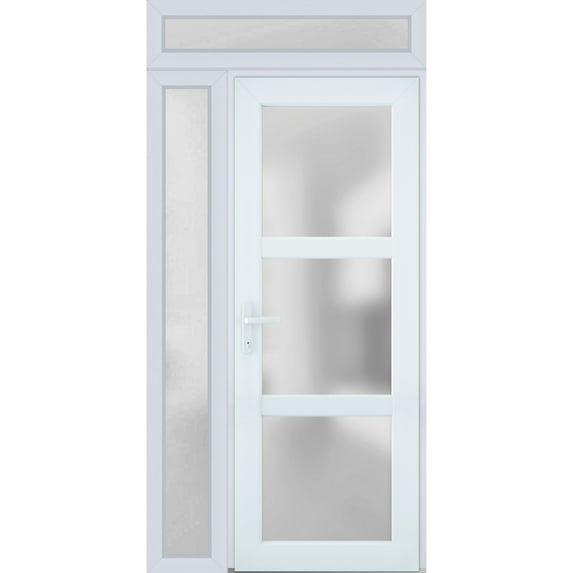Front Exterior Prehung Metal-Plastic Door Frosted Glass / Manux 8552 White Silk / Side and Top Window / Office Commercial and Residential Doors Entrance Patio Garage 48" x 94" Right-hand Inswing