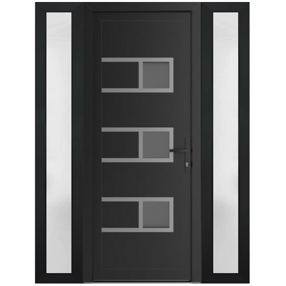 Front Exterior Prehung Metal-Plastic Door Frosted Glass | Manux 8933 Matte Black | 2 Side Sidelite Transoms | Office Commercial and Residential Doors Patio Garage 60x80 (W14+32+14x80) Left-hand