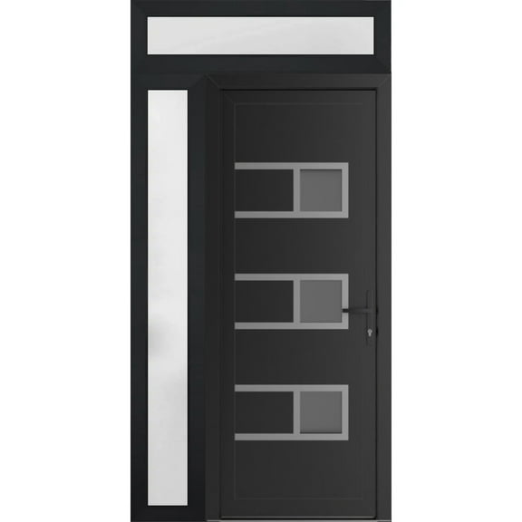 Front Exterior Prehung Metal-Plastic Door Frosted Glass | Manux 8933 Matte Black | Side and Top Sidelite Transom | Office Commercial and Residential Doors Patio Garage 46x94 (W30+16x80+14) Left-hand