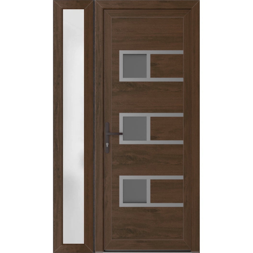 Modern Walnut Metal Exterior Door with Frosted Glass Sidelite