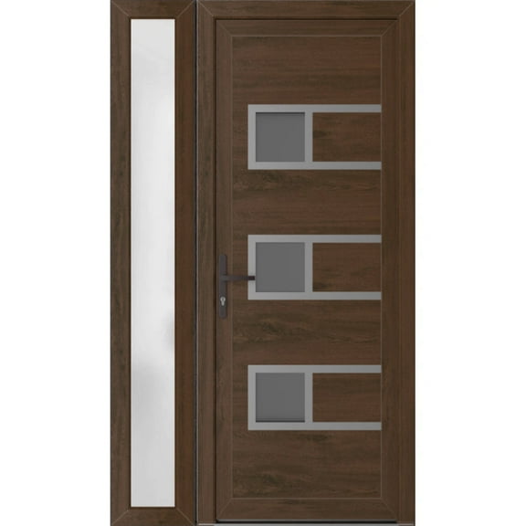 Front Exterior Prehung Metal-Plastic Door Frosted Glass | Manux 8933 Walnut | Side Sidelite Transom | Office Commercial and Residential Doors Entrance Patio Garage 42 x 80 (W30+12x80) Right-hand