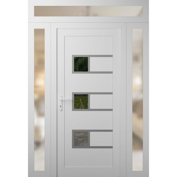 Front Exterior Prehung Metal-Plastic Door Frosted Glass | Manux 8933 White Silk | 2 Side and Top Sidelite Transom | Office Commercial and Residential Doors Patio 56x94 (W12+32+12x80+14) Right-hand