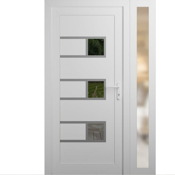 Front Exterior Prehung Metal-Plastic Door Frosted Glass | Manux 8933 White Silk | Side Sidelite Transom | Office Commercial and Residential Doors Entrance Patio Garage 50 x 80 (W36+14x80) Left-hand
