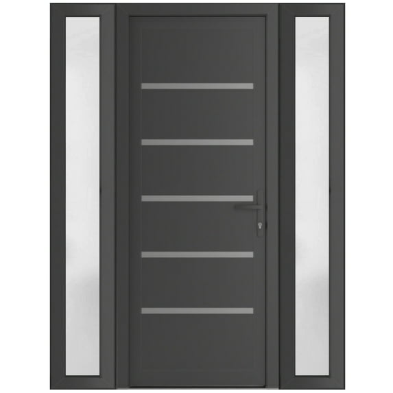 Front Exterior Prehung Metal-Plastic Door | Manux 8415 Antracite Grey | 2 Side Sidelite Transoms | Office Commercial and Residential Doors Entrance Patio Garage 60 x 80 (W14+32+14x80) Left-hand