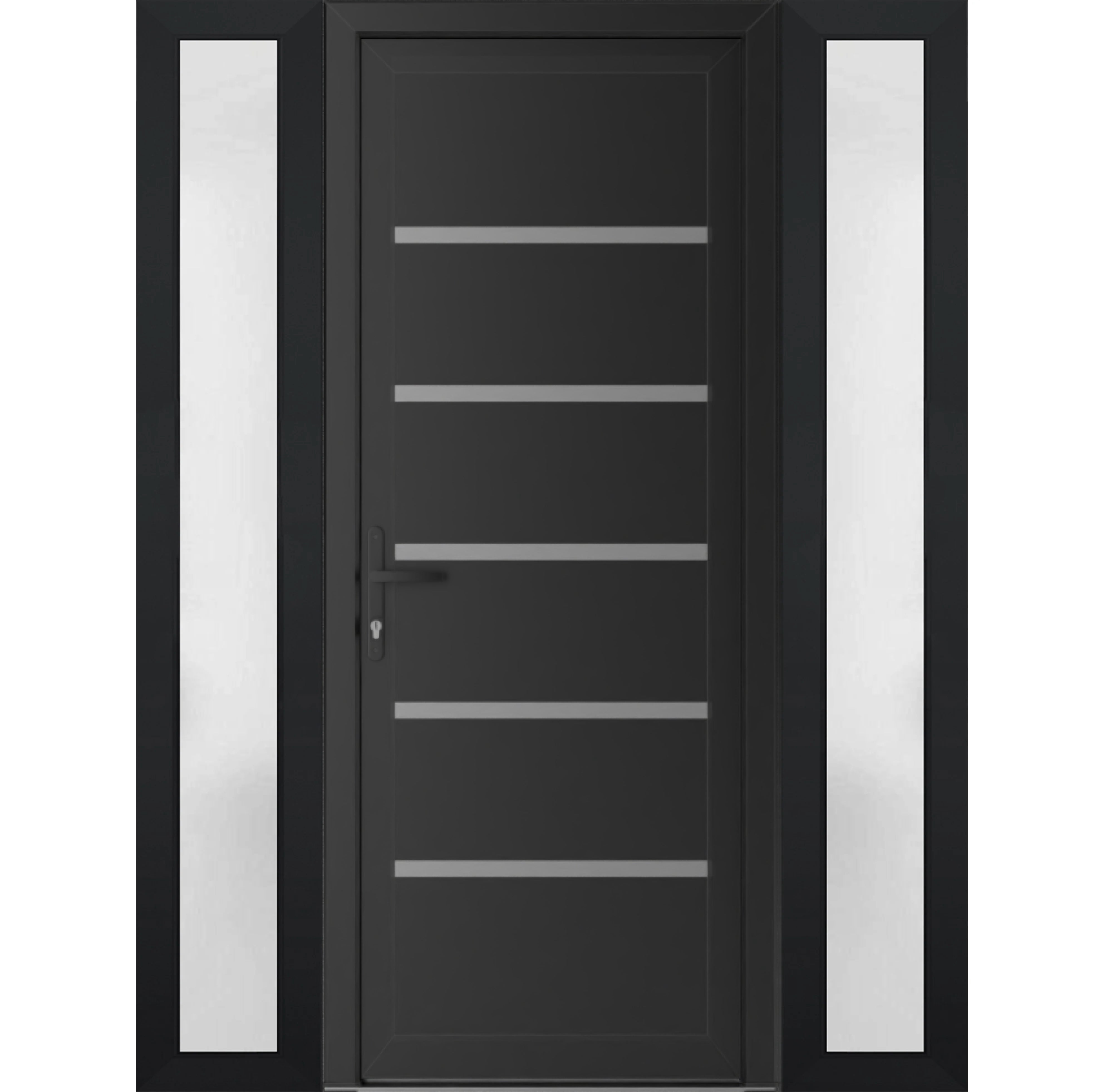 Front Exterior Prehung Metal-Plastic Door | Manux 8415 Matte Black | 2 Side Sidelite Transoms | Office Commercial and Residential Doors Entrance Patio Garage Right-hand | Sample of Door Color