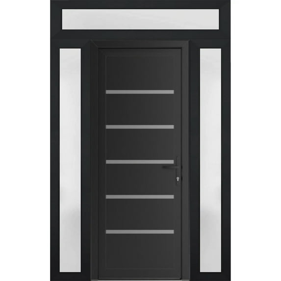 Front Exterior Prehung Metal-Plastic Door | Manux 8415 Matte Black | 2 Side and Top Sidelite Transom | Office Commercial and Residential Doors Entrance Patio Garage 60x94 (W12+36+12x80+14) Left-hand