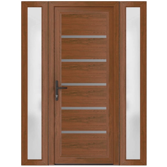Front Exterior Prehung Metal-Plastic Door | Manux 8415 Walnut | 2 Side Sidelite Transoms | Office Commercial and Residential Doors Entrance Patio Garage Right-hand | Sample of Door Color