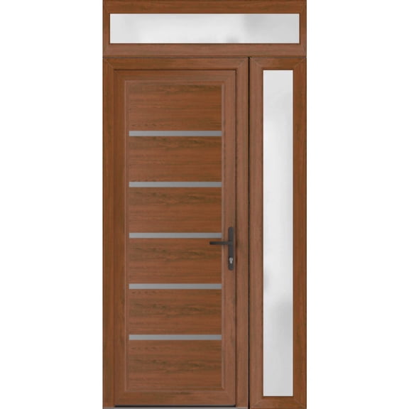 Front Exterior Prehung Metal-Plastic Door | Manux 8415 Walnut | Side and Top Sidelite Transom | Office Commercial and Residential Doors Entrance Patio Garage 48 x 94 (W36+12x80+14) Left-hand