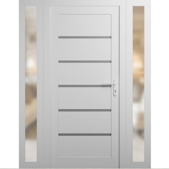Front Exterior Prehung Metal-Plastic Door | Manux 8415 White Silk | 2 Side Sidelite Transoms | Office Commercial and Residential Doors Entrance Patio Garage 64 x 80 (W14+36+14x80) Right-hand