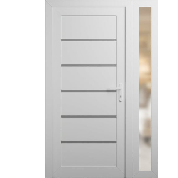 Front Exterior Prehung Metal-Plastic Door | Manux 8415 White Silk | Side Sidelite Transom | Office Commercial and Residential Doors Entrance Patio Garage 46 x 80 (W32+14x80) Left-hand