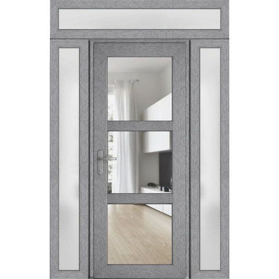 Front Exterior Prehung Metal-Plastic Door See-through / Manux 8555 Grey Ash / 2 Side and Top Window / Office Commercial and Residential Doors Entrance Patio Garage 68" x 94" Right-hand Inswing
