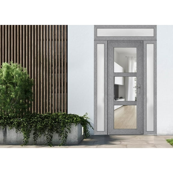 Front Exterior Prehung Metal-Plastic Door See-through / Manux 8555 Grey Ash / 2 Side and Top Window / Office Commercial and Residential Doors Entrance Patio Garage 64" x 96" Left-hand Inswing