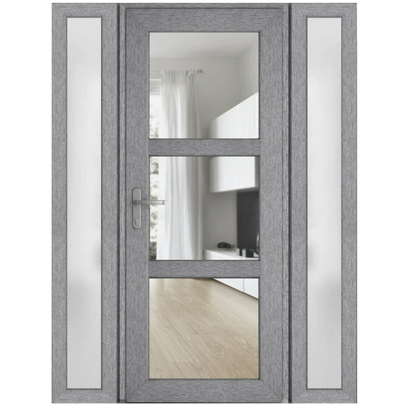 Front Exterior Prehung Metal-Plastic Door See-through / Manux 8555 Grey Ash / 2 Side Windows / Office Commercial and Residential Doors Entrance Patio Garage 60" x 80" Right-hand Inswing