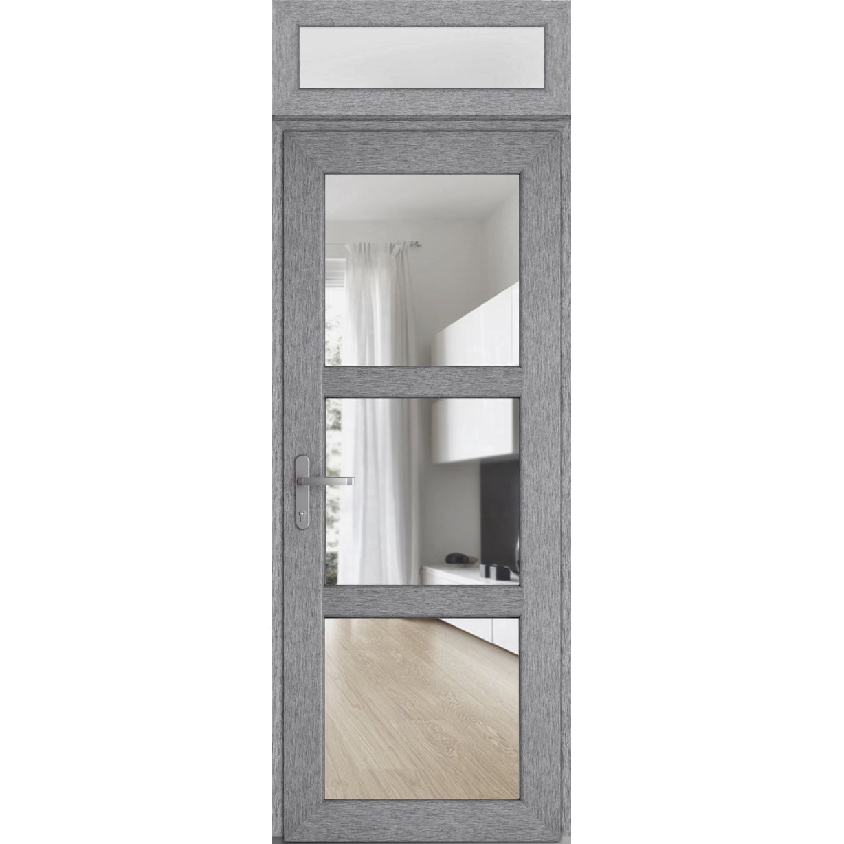 Front Exterior Prehung Metal-Plastic Door See-through / Manux 8555 Grey Ash / Top Window / Office Commercial and Residential Doors Entrance Patio Garage 36" x 94" Right-hand Inswing