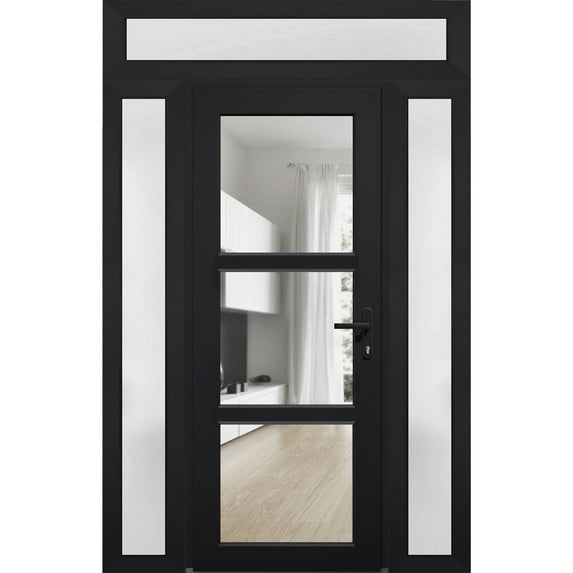 Front Exterior Prehung Metal-Plastic Door See-through / Manux 8555 Matte Black / 2 Side and Top Window / Office Commercial and Residential Doors Entrance Patio Garage 68" x 96" Left-hand Inswing