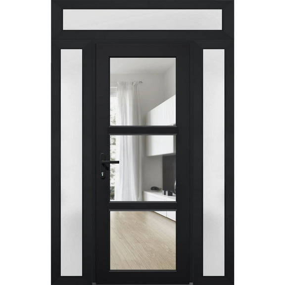 Front Exterior Prehung Metal-Plastic Door See-through / Manux 8555 Matte Black / 2 Side and Top Window / Office Commercial and Residential Doors Entrance Patio Garage 60" x 96" Right-hand Inswing
