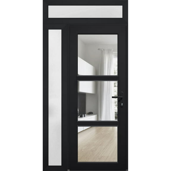 Front Exterior Prehung Metal-Plastic Door See-through / Manux 8555 Matte Black / Side and Top Window / Office Commercial and Residential Doors Entrance Patio Garage 52" x 96" Left-hand Inswing
