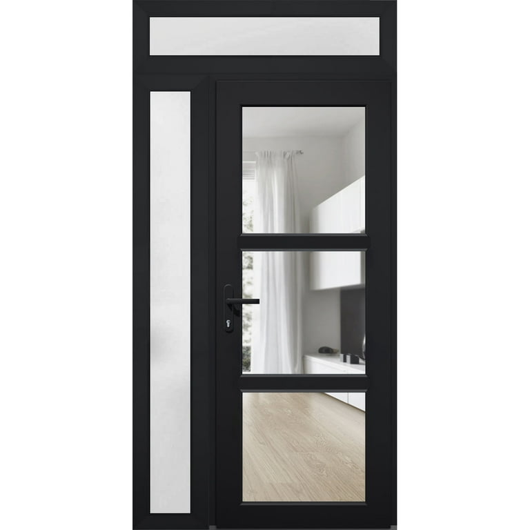 Front Exterior Prehung Metal-Plastic Door See-Through / Manux 8555 Matte Black / Side and Top Window / Office Commercial and Residential Doors