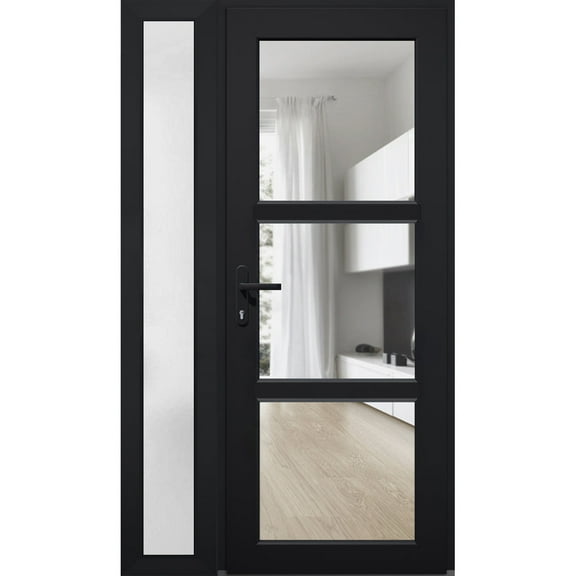 Front Exterior Prehung Metal-Plastic Door See-through / Manux 8555 Matte Black / Side Window / Office Commercial and Residential Doors Entrance Patio Garage 48" x 80" Right-hand Inswing