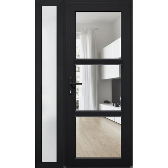 Front Exterior Prehung Metal-Plastic Door See-through / Manux 8555 Matte Black / Side Window / Office Commercial and Residential Doors Entrance Patio Garage 50" x 80" Right-hand Inswing
