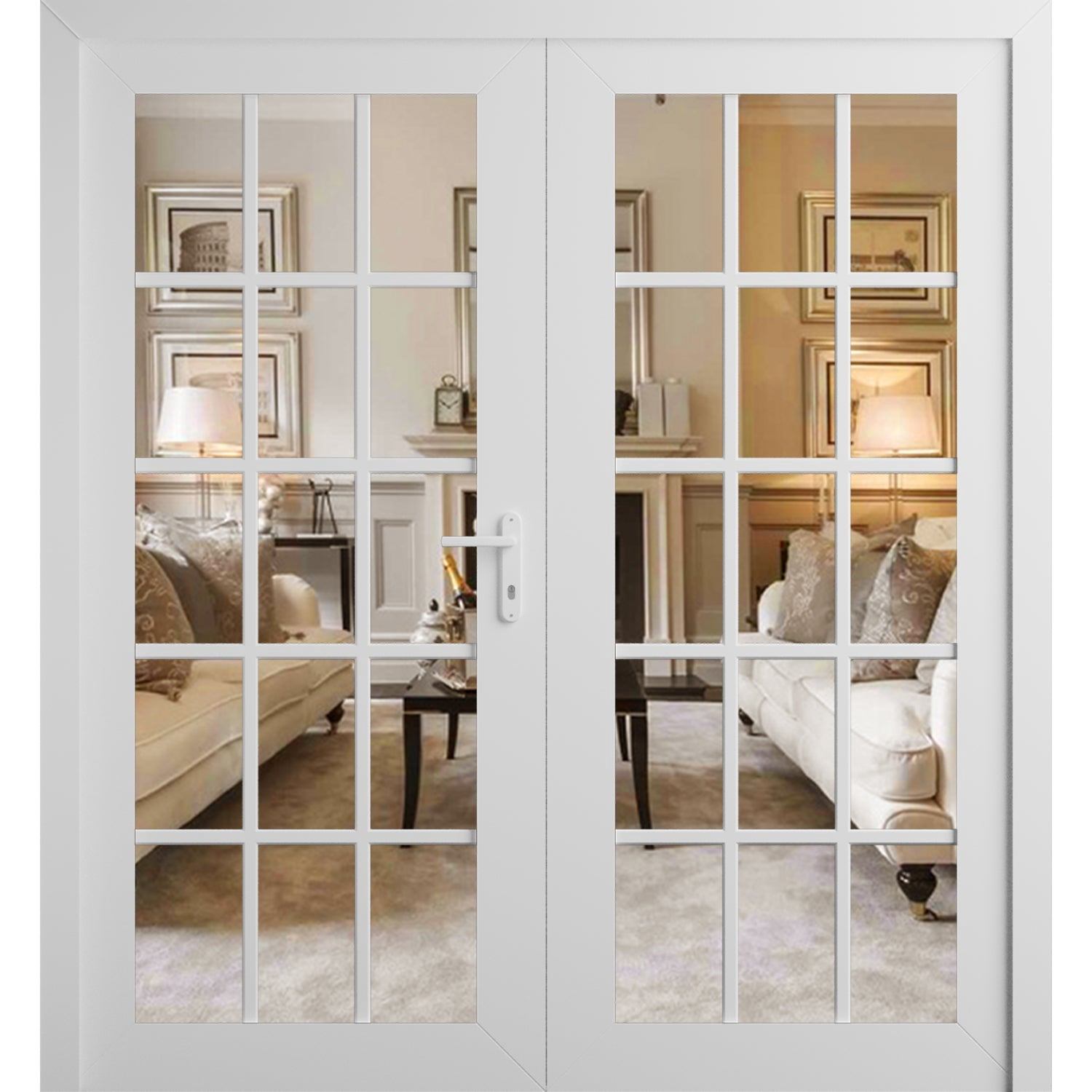 Front Exterior Prehung Metal-Plastic Double Doors Clear Glass / MANUX 8151 White Silk / Office Commercial and Residential Doors Entrance Patio Garage 72" x 80" Left-Hand Inswing