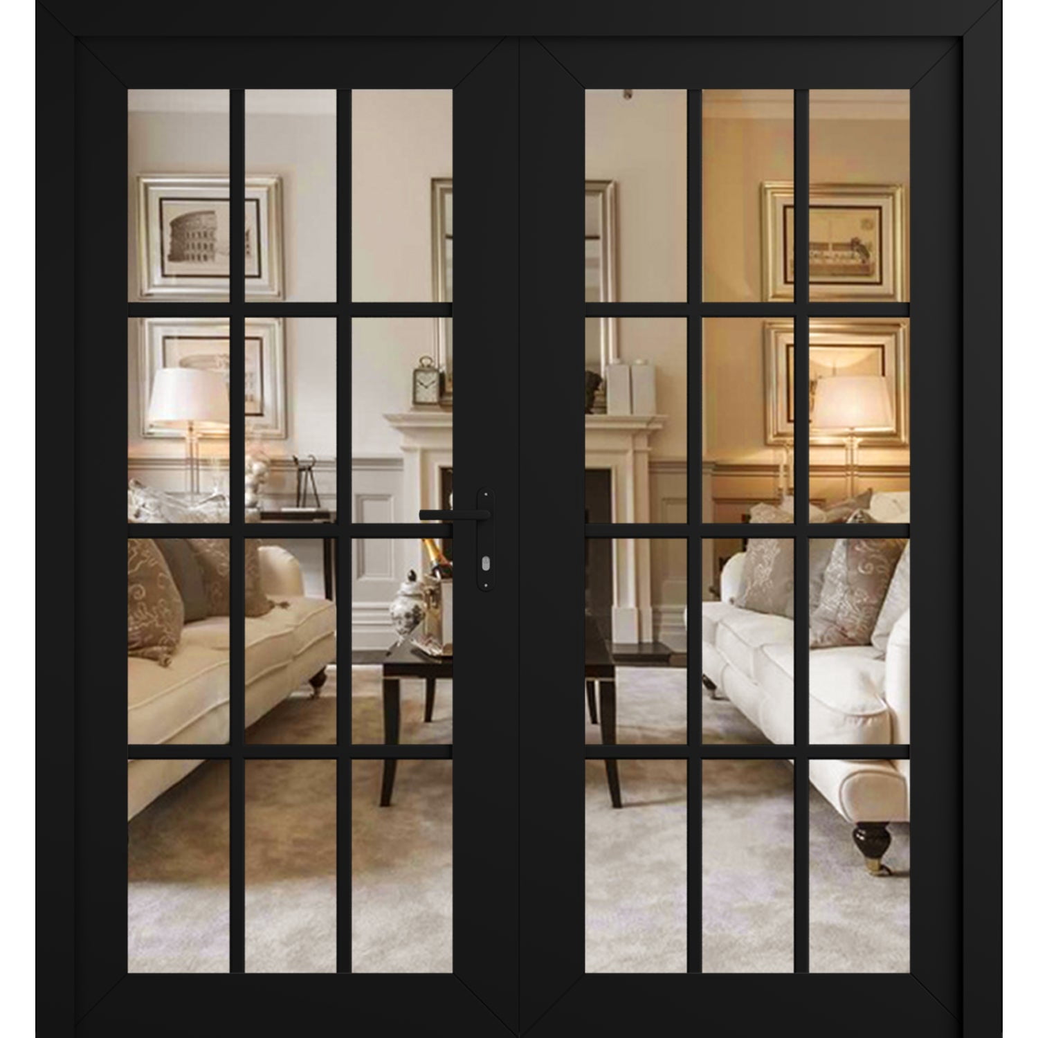 Front Exterior Prehung Metal-Plastic Double Doors Clear Glass / MANUX 8355 Matte Black / Office Commercial and Residential Doors Entrance Patio Garage 72" x 80" Left-Hand Inswing