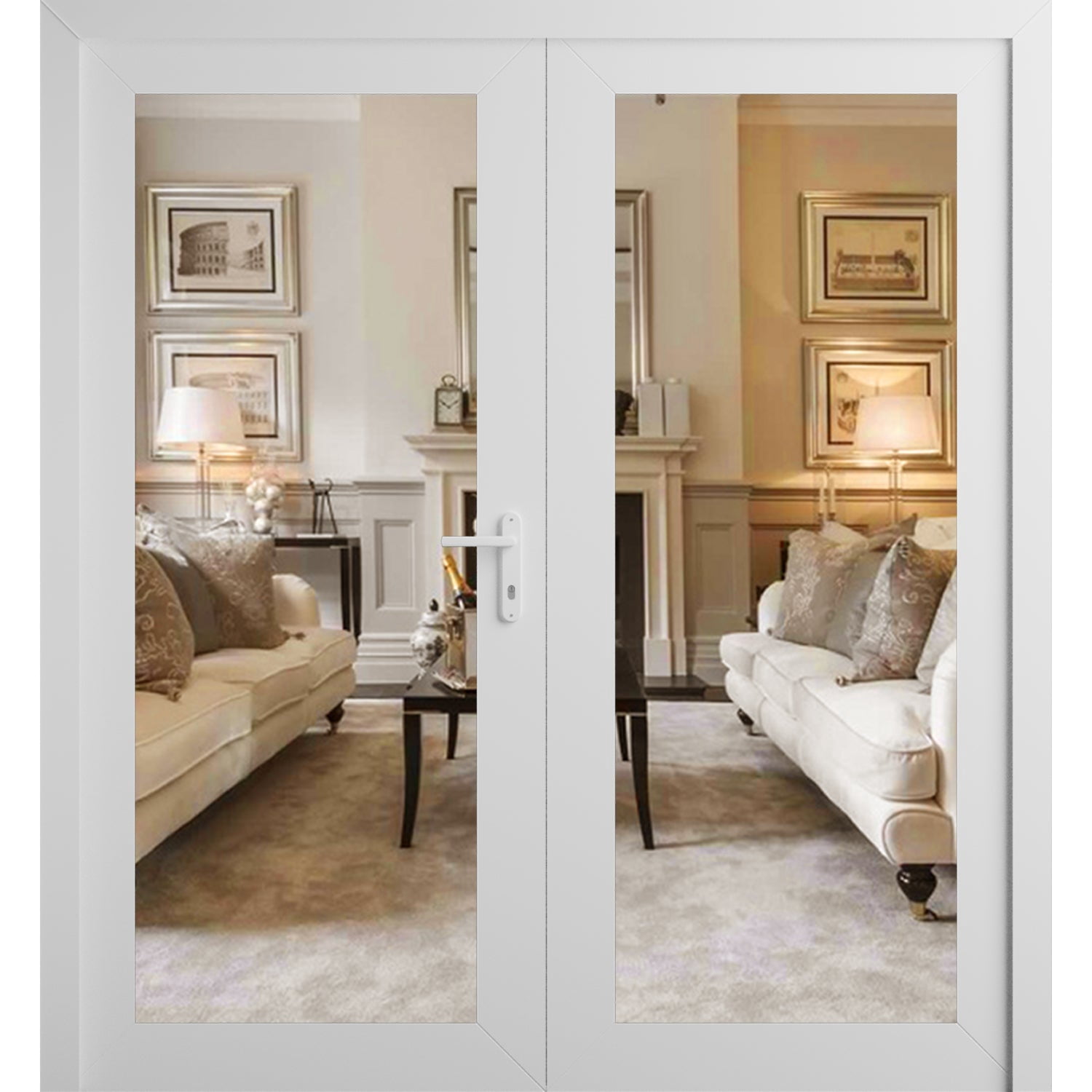 Front Exterior Prehung Metal-Plastic Double Doors Clear Glass / MANUX 8666 White Silk / Office Commercial and Residential Doors Entrance Patio Garage 72" x 80" Left-Hand Inswing