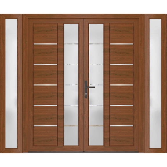 Front Exterior Prehung Metal-Plastic Double Doors / MANUX 8088 Walnut / 2 Sidelites Exterior WindoWLN / Office Commercial and Residential Doors Entrance Patio Garage 96 x 80